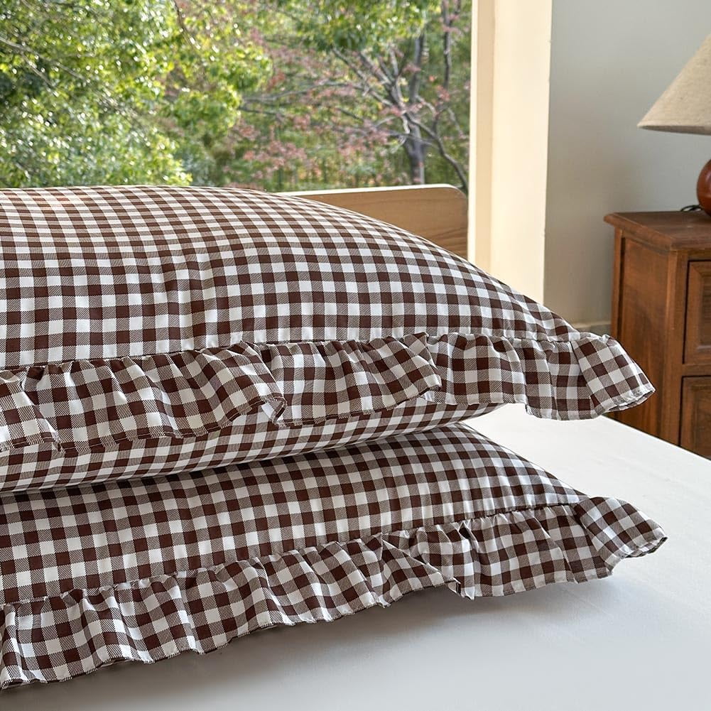 Mocha Gingham Ruffle Duvet Cover King Size, 3 Pieces Soft Pre-Washed Microfiber Checked Plaid Comforter Cover Set, Vintage Farmhouse Bedding Set(Mocha Gingham, King 104"x90")