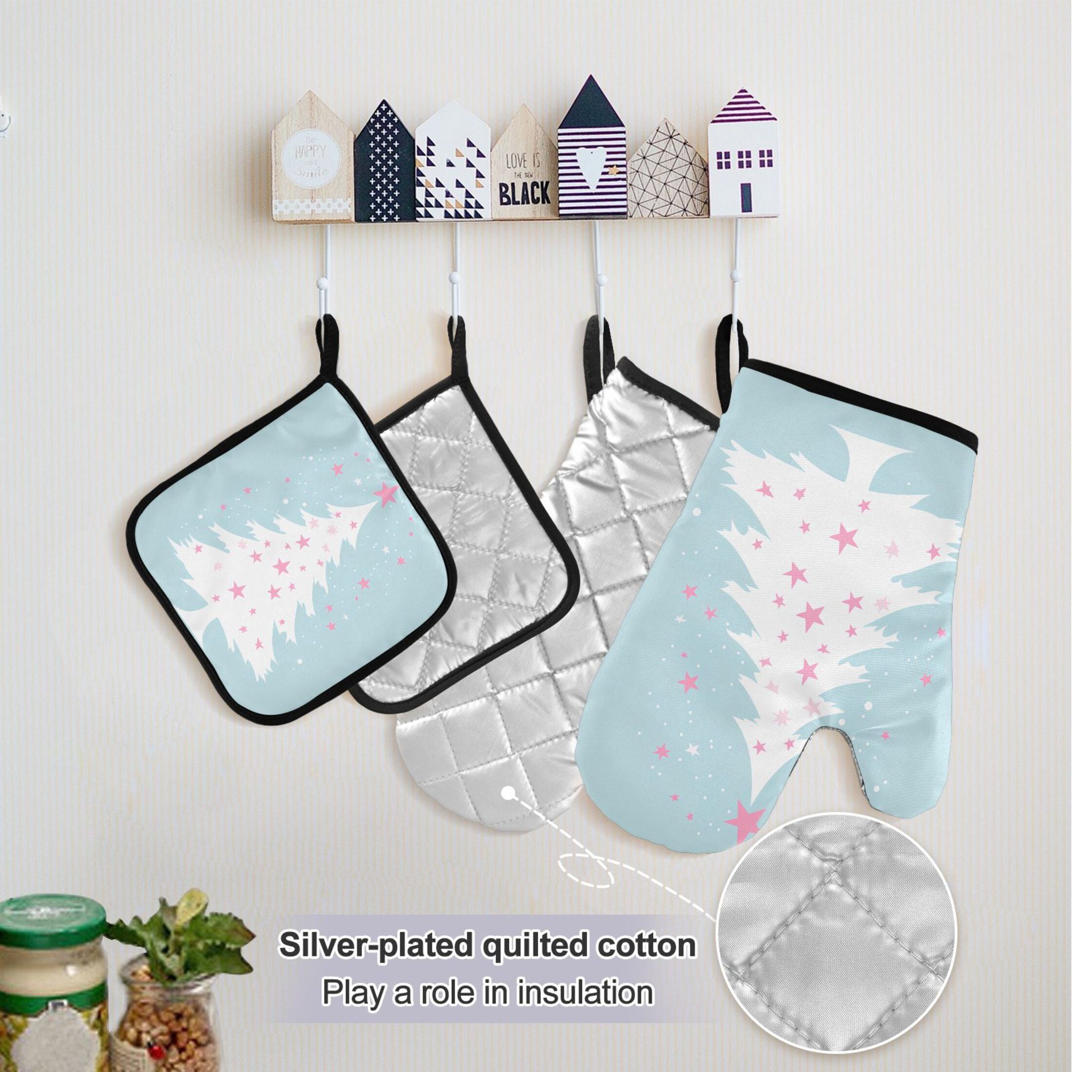 Christmas Tree and Pink Star 5 Pcs Kitchen Set Heat Resistant Oven Mitts and Non-Slip Pot Holders with Adjustable Cooking Apron
