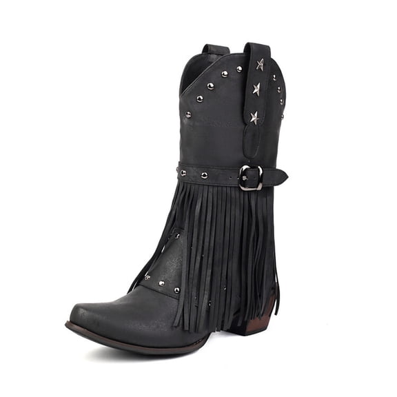 SACFOF Cowboy Boots for Women Cowgirl with Fringe Star Studded Pointed Toe Chunky Heel Pull-On Western Country Boot