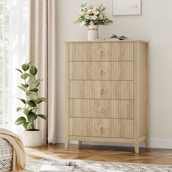 Modern Fluted Dresser - 42.9" Tall 5-Drawer Chest with Metal Handles, wood color