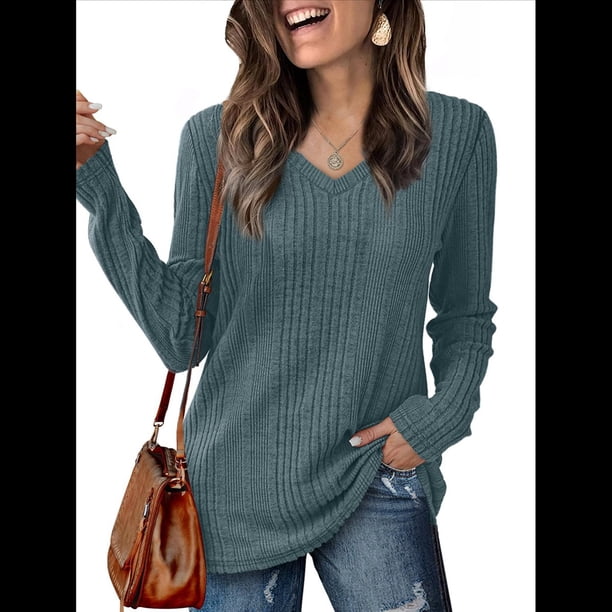 Blusas de Larga para Mujer, Camisas con Cuello en V, Suéteres Tipo Túnica Ligeros, Moda Azul Mar S