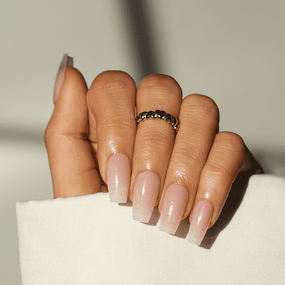 Ellie Vincy Press On Glue On Nails - Soft Pink Ombre | Coffin Shape Nude to White Gradient with Subtle Glitter, 30 Piece Set with Glue and Sticky Tabs, 15 Sizes