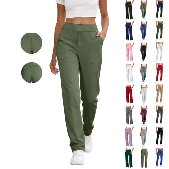 hoksml Women's High Waist Straight Leg Pants Stretchy Elastic Back Waist Casual Trousers with Side Pockets