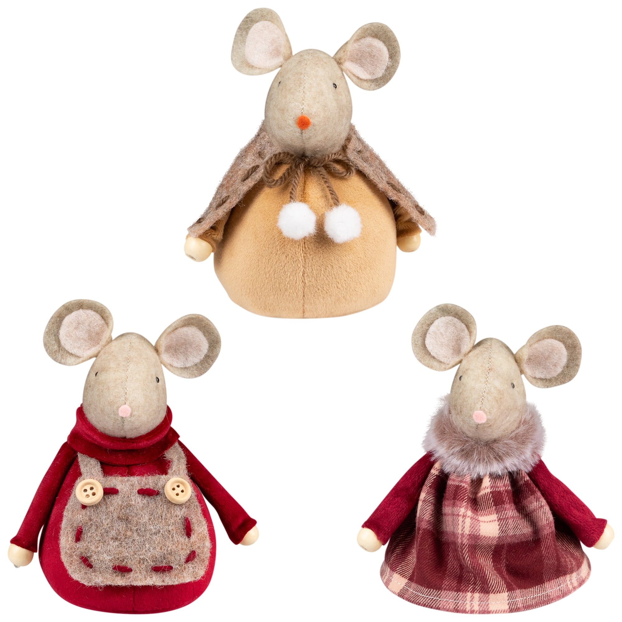 Plush Mice Trio Christmas Figures - 5" - Sand Brown and Burgundy - Set of 3