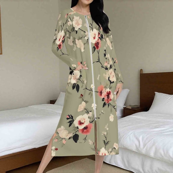 LIBRCLO Winter Robes for Women Printed Graphic Fleece Warm Nightgown with Pockets Long Sleeve Loose Casual Pajamas