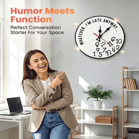 DESIGNICE Whatever I’M Late Anyway Wall Clock,Funny Sarcastic I’M Late Anyway Clock Large Unique Walls Watch,Unique Irregular Number 12In Wooden Sign for Home Office Kitchen Decor