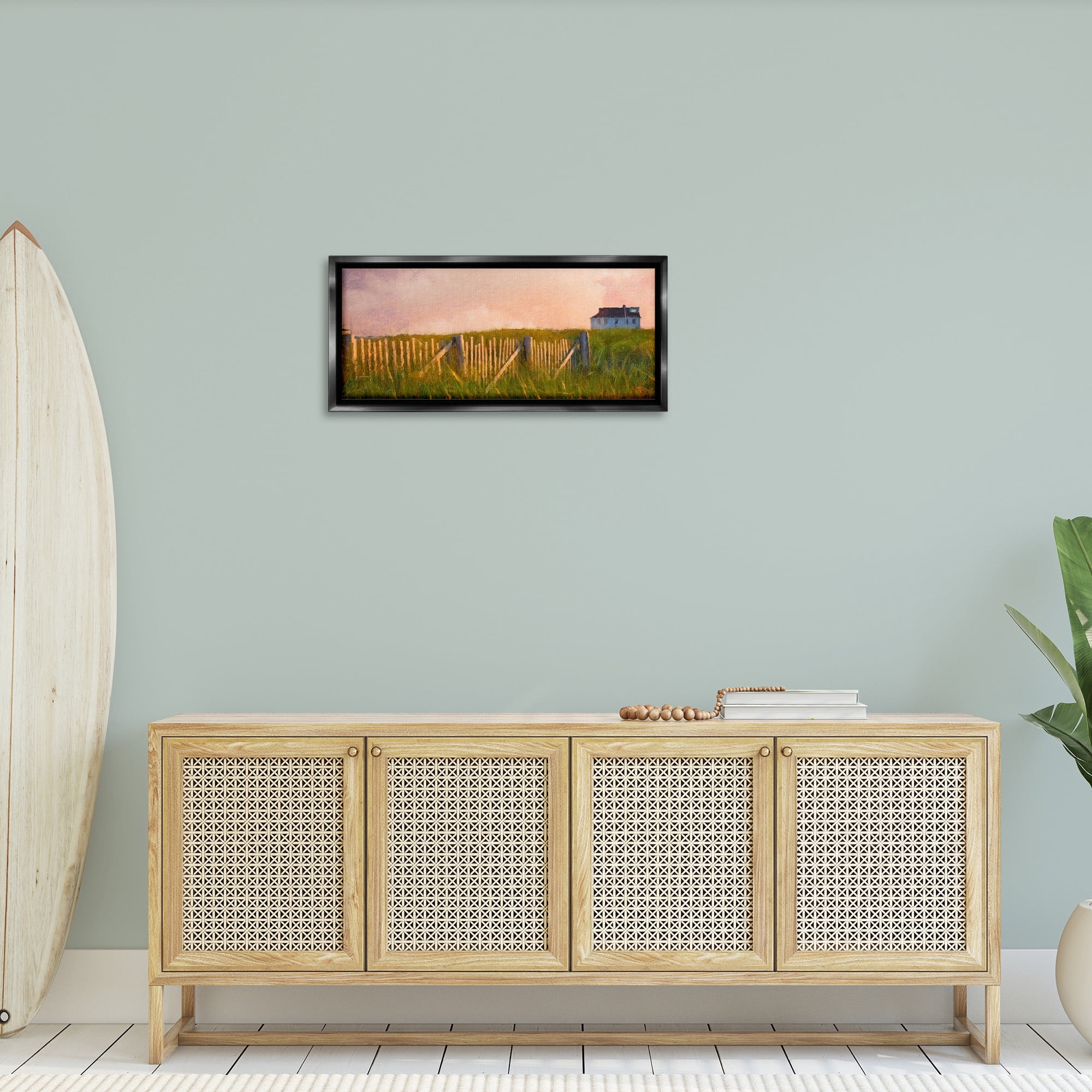 Stupell Industries Nautical Beach Cottage Landscape Painting Black Floater Framed Canvas Art Print Wall Art, 31 x 14