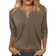 thumbnail image 2 of 3/4 Sleeve Womens Tops Henley V Neck Button Casual Tees Cotton Loose Fit Daily Wear T Shirts Camel 5XL, 2 of 5