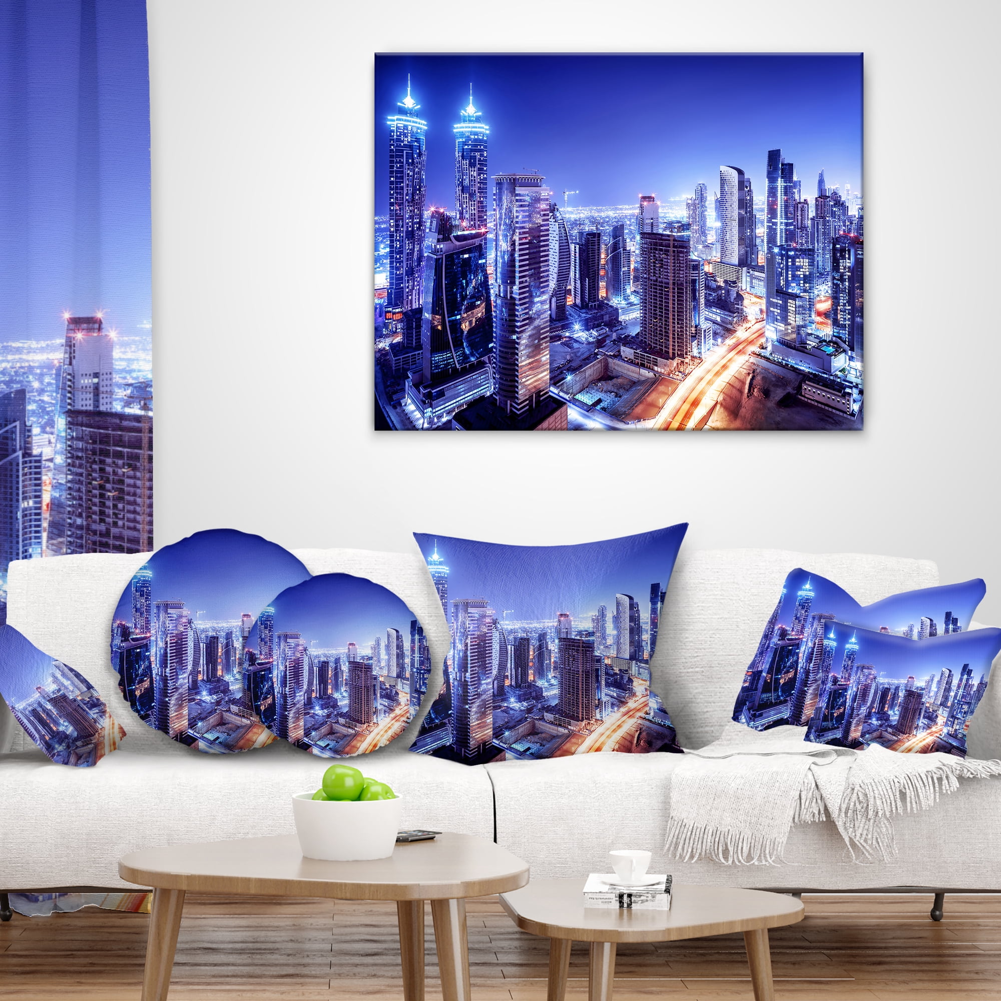 Designart Dubai Downtown Night Scene - Cityscape Photography Throw Pillow - 16x16