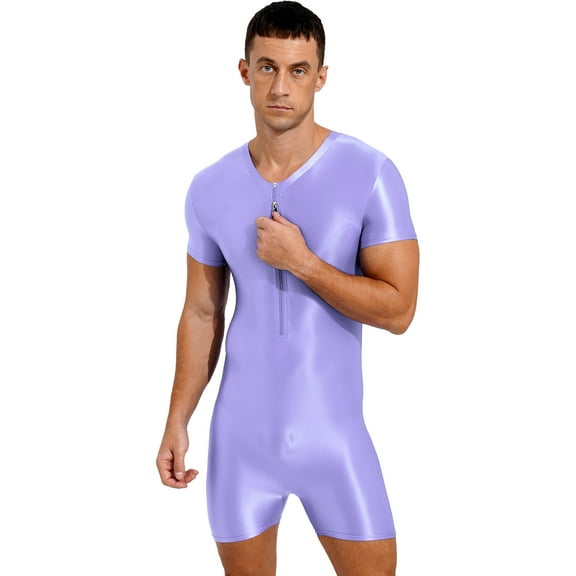 YIZYIF Mens Glossy Front Zipper Bodysuit Jumpsuit Spandex One-Piece Dance Unitard Biketard Light Purple M