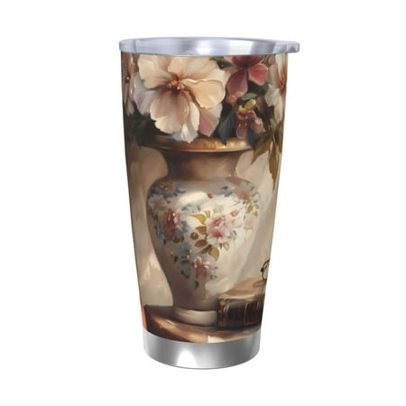 

Uemuo Vintage Floral Vase With Books Print Travel Coffee Mug 20oz Double-walled Car Cup Stainless Steel Insulated Tumbler Leak-proof Travel Cup Reusable Straw Car Cup-Without Straw