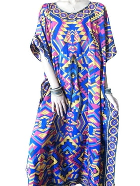 Mogul Women Maxi Caftan Multi Blue Printed Kimono Sleeves Cover Up Sleepwear Loungewear Long Kaftan 2XL