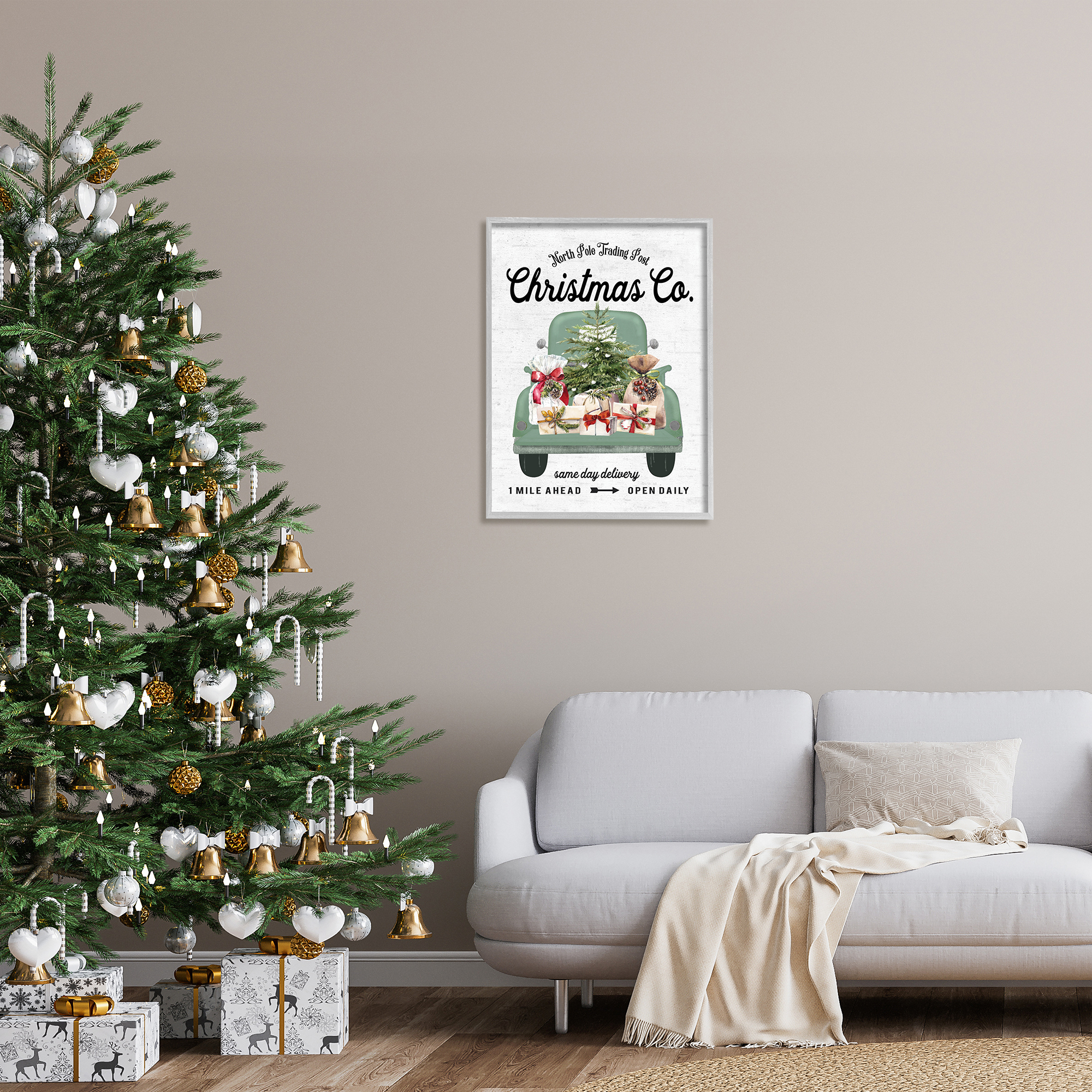 Stupell Industries Christmas Co Gift Truck Holiday Painting Gray Framed Art Print Wall Art, 24 x 30