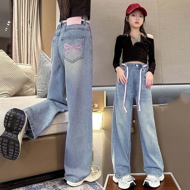 Cowsor Girls Baggy Jeans Distressed Denim Pants Elastic Waist Wide Leg Jeans for Girls Kids Loose