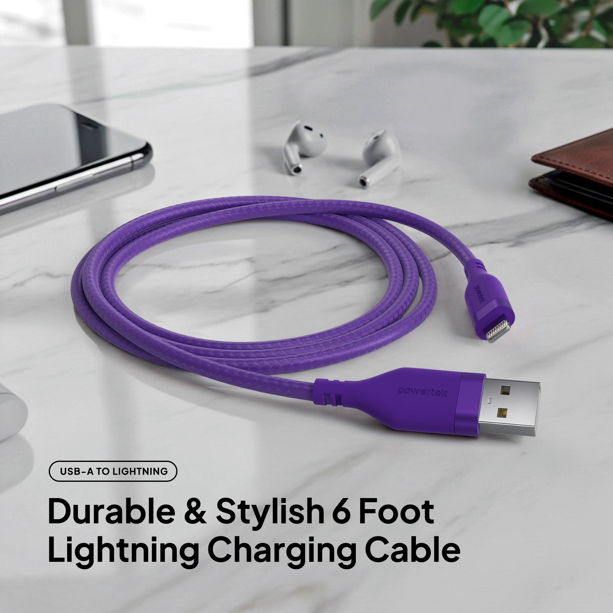 Powertek MFi Certified USB-A to Lightning Charging Cable, Carbon Design Texture, 6 ft, Purple