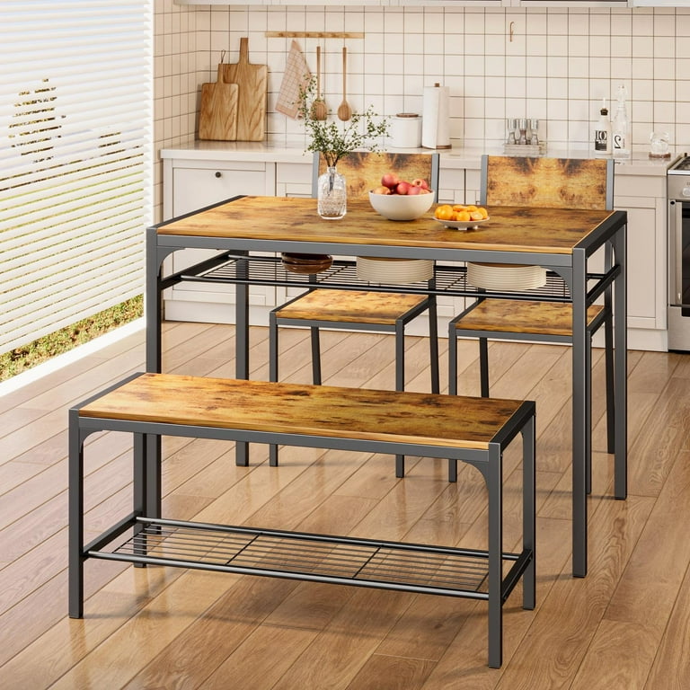 Asofer 4 Piece Retro Dining Table with 2 Chairs and Bench Small 43 Kitchen Table Set Clearance with Storage Rack