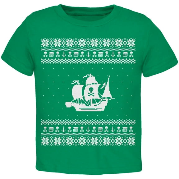 Pirate Ship Ugly Christmas Sweater Green Toddler T-Shirt - 2T