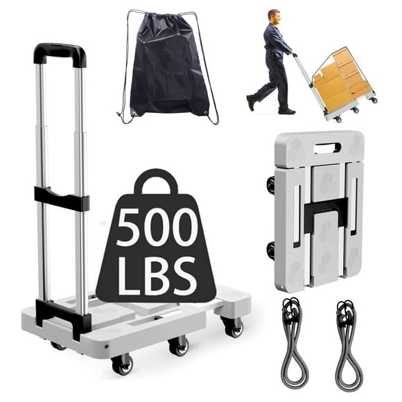 Folding Hand Truck, Foldable Cart for 500 lbs Heavy Luggage, Hand Truck Dolly, 6-Wheel Foldable Dolly with 2 Ropes, Ideal for Home, Office, and Travel Moving (Grey)