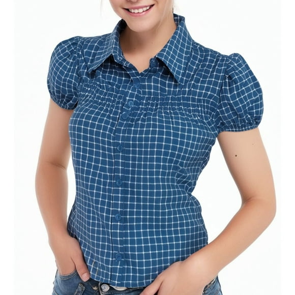 GPOECD Women's Casual Plaid Print Short Sleeve Snap Button Western Style Shirt Comfortable Breathable Top For Party Daily Wear Blue,S