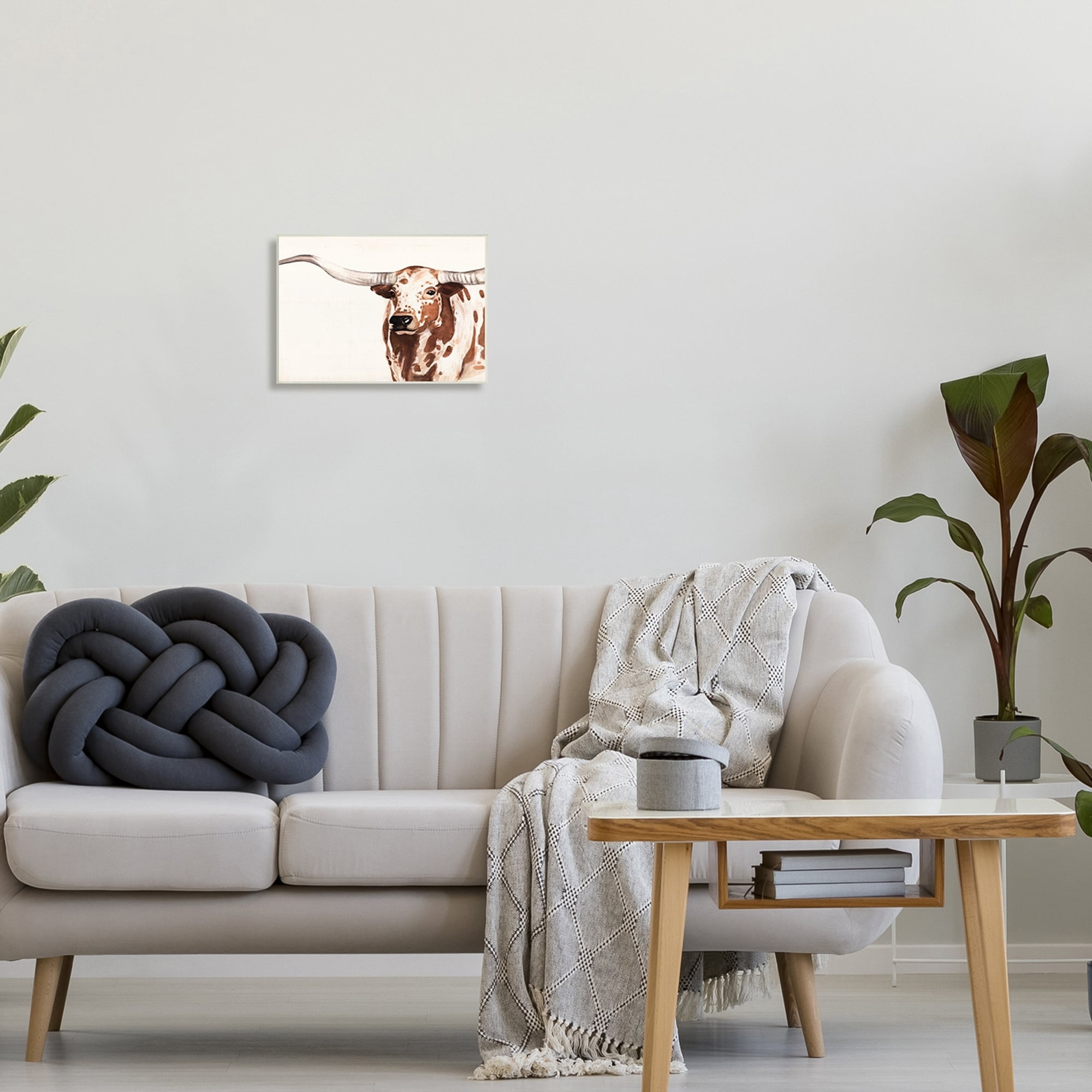 Stupell Industries Spotted Longhorn Cattle Smiling Brown Country Cow Wood Wall Art, 15 x 10, Design by Annie Warren