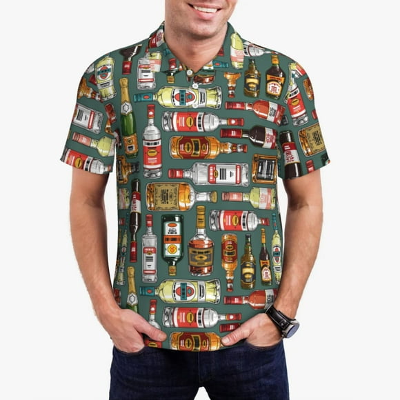 Balery Alcohol Bottles Camisa Polo de Hombre con Estampado, de Manga Corta y Tejido Medio, Camisa Tipo Golf Polo-Large