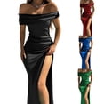 thumbnail image 5 of Womens Satin Pleated Slip Dress Sexy Solid High Split Party Dress Off-Shoulder, 5 of 10