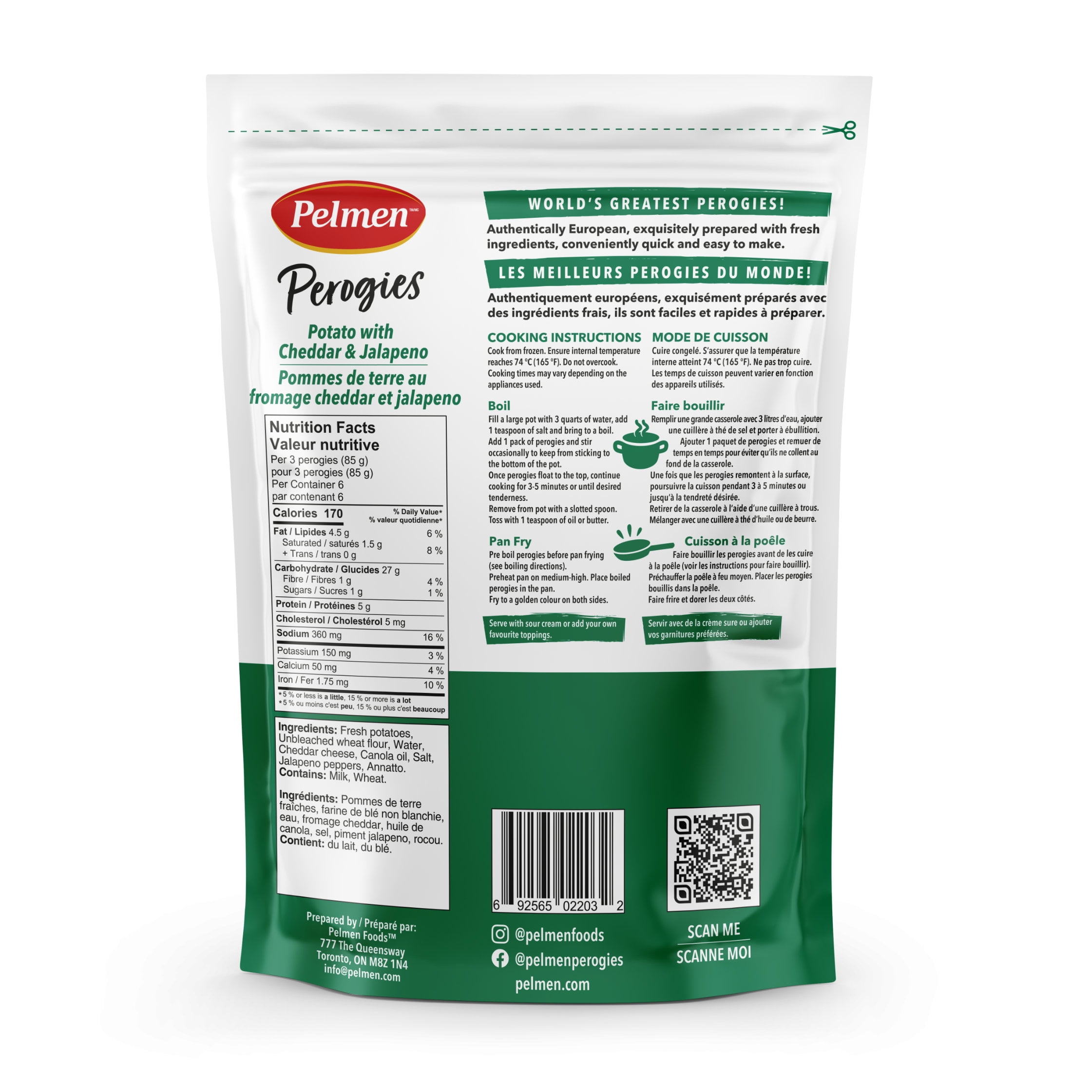 pelmen Pommes de terre au  fromage cheddar et jalapeno Perogies, 500g Sachet MEILLEURS PEROGIES DU MONDE!