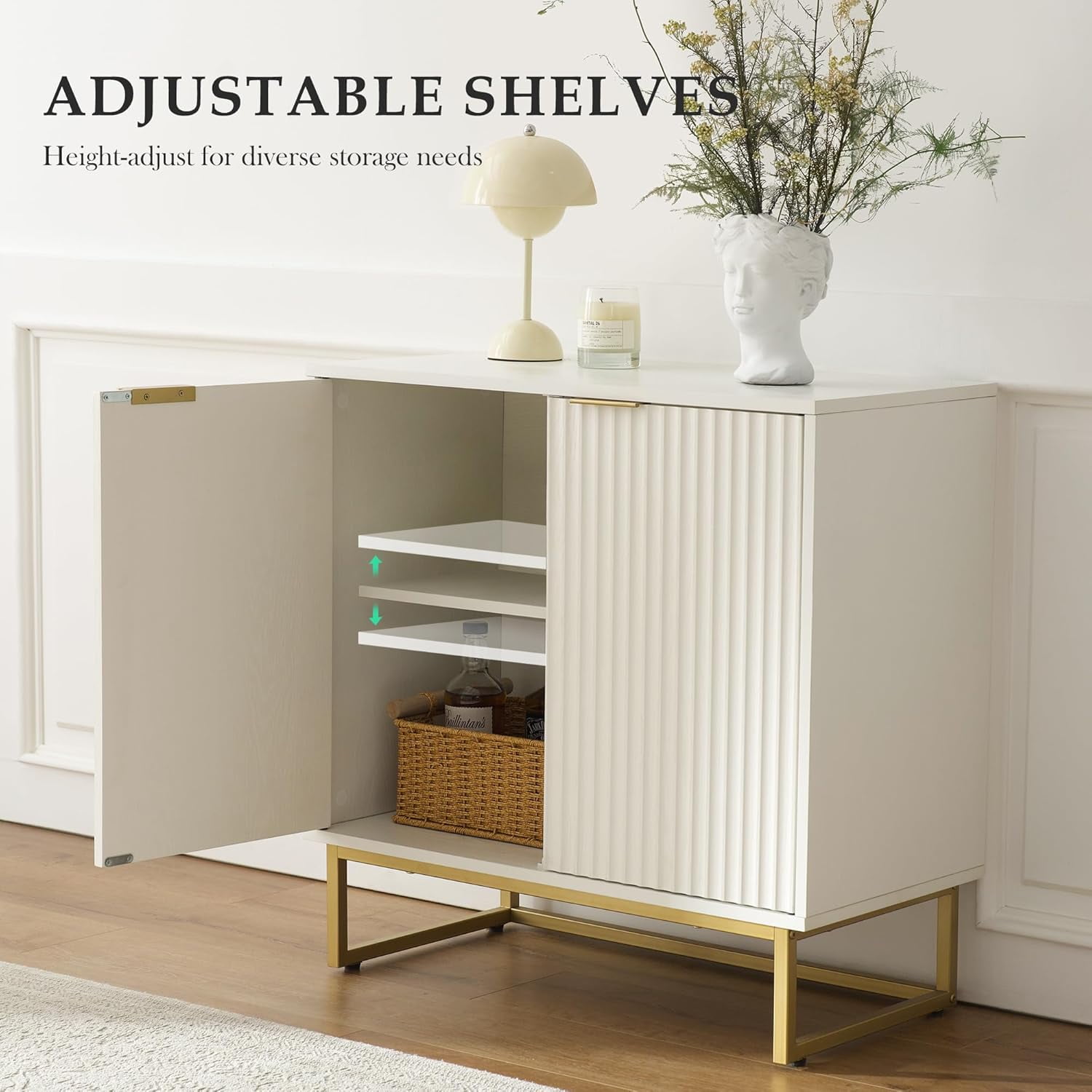 Joyyskill Fluted Storage Cabinet, Sideboard Buffet Cabinet with Adjustable Shelves, Storage Credenza Accent Cabinets, White
