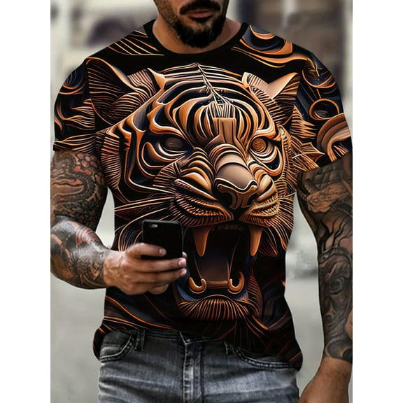 Men's 3D Tiger Printed Crew Neck Short Sleeve T-shirt-Fashion Orange and Black Tiger Head Design, Comfortable Polyester Fabric, Perfect for Daily Wear, Travel and Fitness