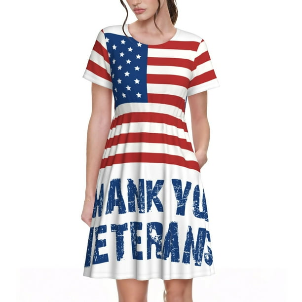 Disketp Thank You Veterans para Vestido de Manga Corta para Mujeres, Vestidos de Verano para Mujeres, Casual y Holgado para la Playa