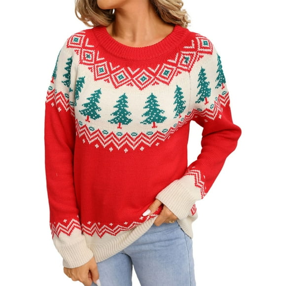 LUOGENLI Cardigan Sweaters for Women Long Women's Knit Pullover Sweater Floral Jacquard Pattern Casual Comfortable Round Neck Tops for Fall Winter Everyday Wear Soft Cozy Yarn Red Size XL