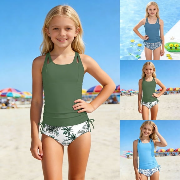 Heydday Girls 2-Piece Tankini Swimsuit, Adjustable Drawstring Swim Top with Palm Print Bikini Bottom, Modest Bathing Suit for Kids(Army Green/9-10 Years)