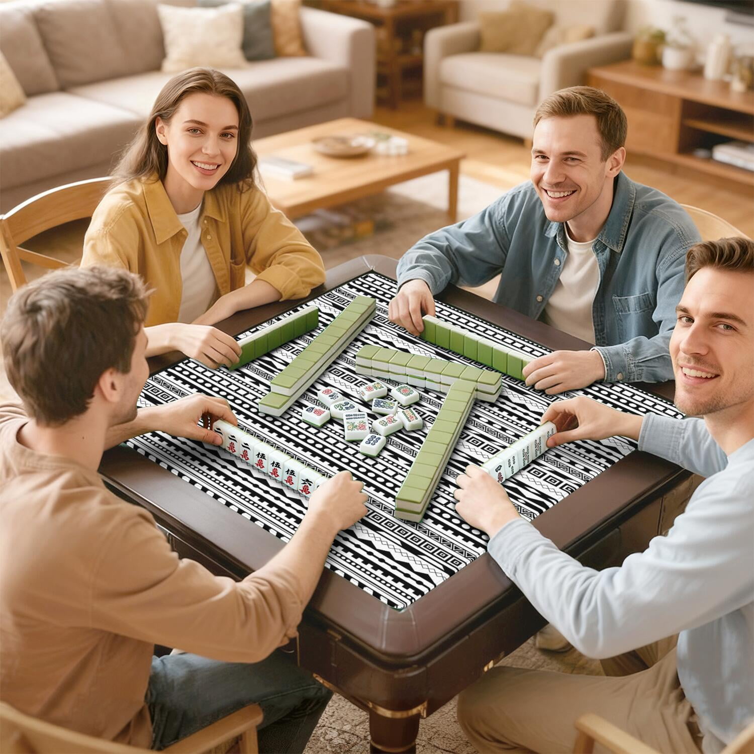 Extra Large Boho Style Mahjong Mat 31.5 Inch Square Rubber Table Cover Features Non-Skid Bottom for Stability and Noise Reduction for Tiles and Cards