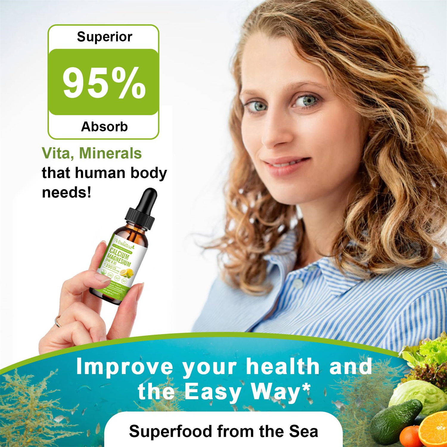 Calcium Magnesium Zinc Liquid with Vitamin D3, Magnesium Glycinate Drops Plus Vitamin C K2, High Absorption Plant Calcium Supplement for Heart & Bone, 60 Servings, Lemon Flavor