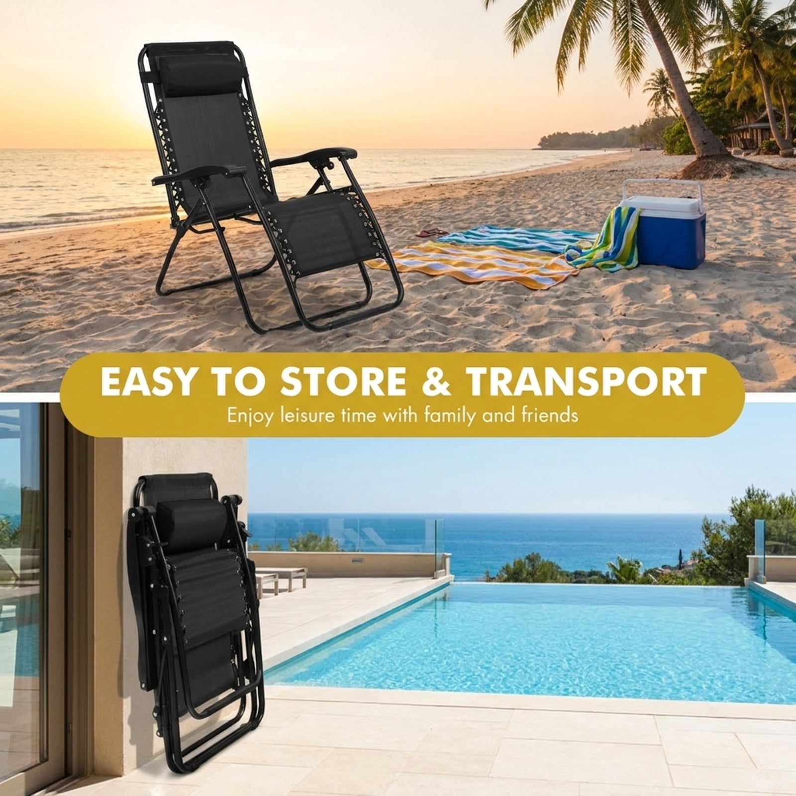 Furnibear Outdoor Folding Zero Gravity Reclining Lounge Chair with Removable Cup Holder Tray Detachable Headrest Steel and Aluminum Frame and 350 lb Capacity, Black
