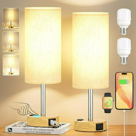 YOPTOP Touch Bedside Table Lamps Set - 3 Way Dimmable Bedroom Lamps Set of 2 with USB C and A Ports Small Lamps for Nightstand with AC Outlet Wood Base Flaxen Shade for Desk Office Dorm Nurser
