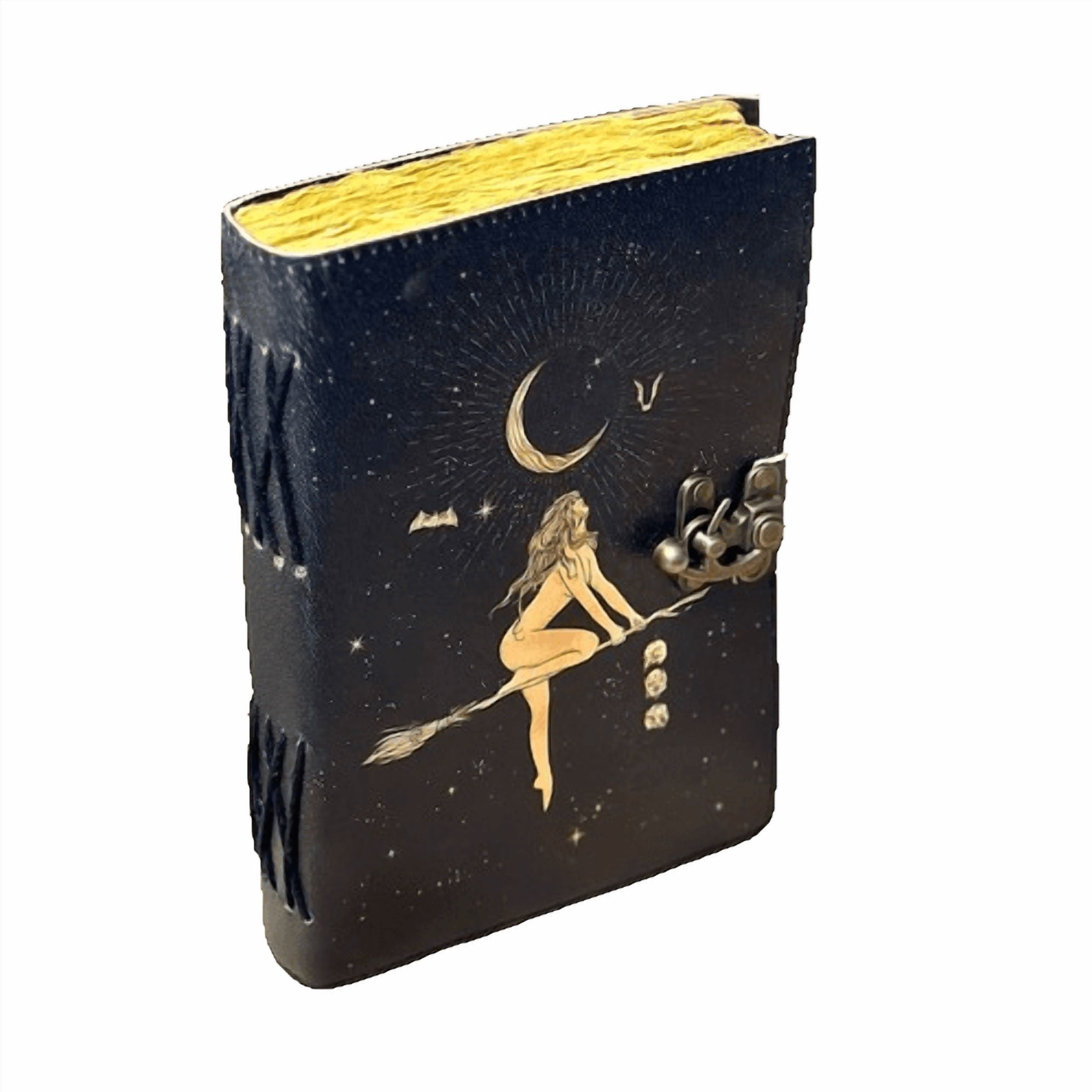 Witch-Themed Leather Journal, 5x7 Inch Notebook with Moon & Broom Design, 200 Handmade Paper Pages, Vintage Locking Diary for Writing & Sketching