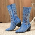thumbnail image 3 of Denim Cowboy Boots for Women Pointed Toe Western Embroidery Booties Trendy Heeled Mid Calf Cowgirl Boots, 3 of 7