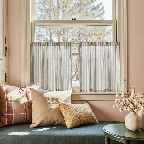 Cortinas Jinchan de lino a rayas 61x61 cm para cocina, 2 paneles tipo tier