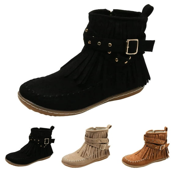 Mepaouo Fringe Boots for Women Western Cowgirl Ankle Short Booties Tassels Retro Winter Flats Shoes