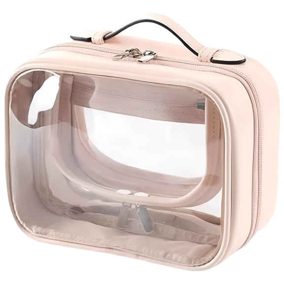 Clear Travel Toiletry Bag for Women, Pink Hanging Makeup Cosmetic Bag with Handle, 8.3 in PVC Waterproof Double Layer Zippered Travel Pouch