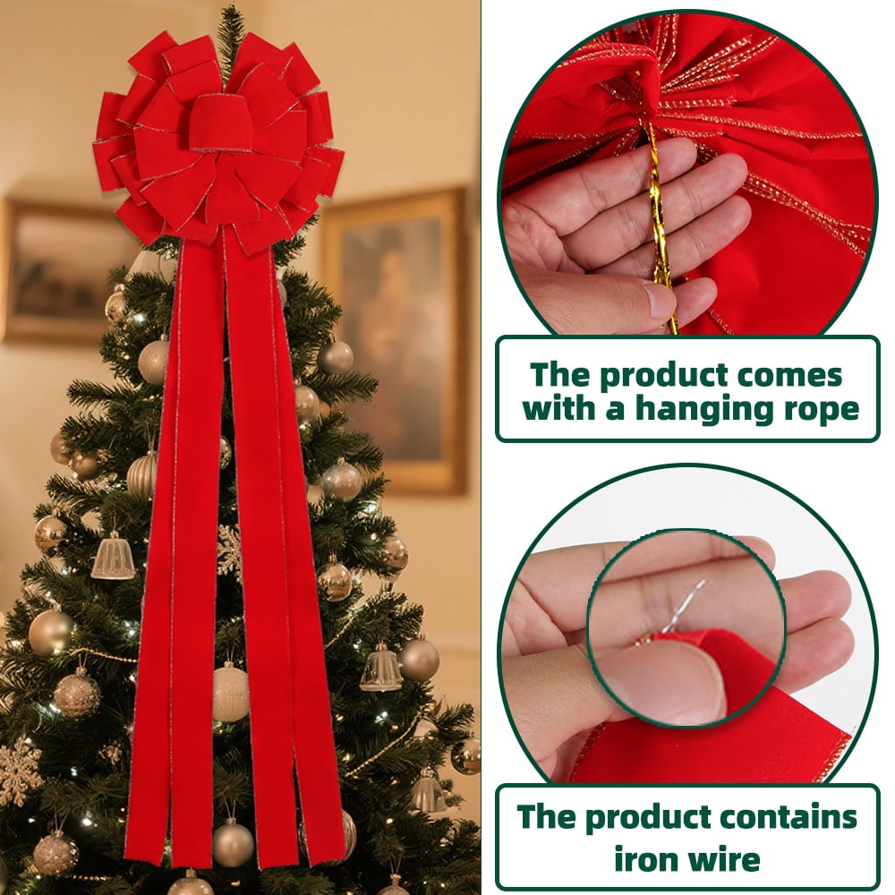 Dalrosia Extra Large Christmas Tree Topper Bow Bulk Red Velvet Ribbon with Golden Wire Christmas Wreath Bows for Xmas Winter Party Indoor Outdoor Supplies
