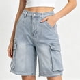 thumbnail image 5 of Breezora High Waist Distressed Denim Shorts for Women Straight Knee Length Cargo Pants with Pockets Casual Pull On Summer Bottoms Loose Fit, 5 of 8