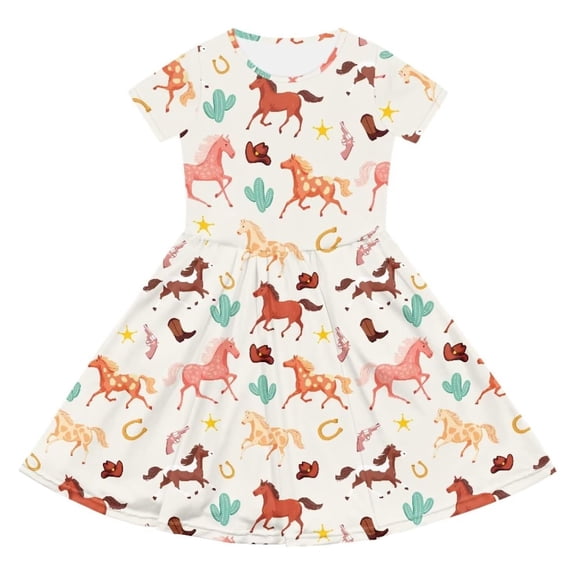 Lullu Girls Summer Short Sleeved Dress Casual Skater Dress with Horse Print, Sizes 4-14