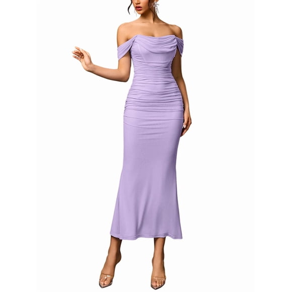 Off the Shoulder Maxi Long Dress Corset Ruched Bodycon Formal Wedding Guest Dresses for Women Light Purple L