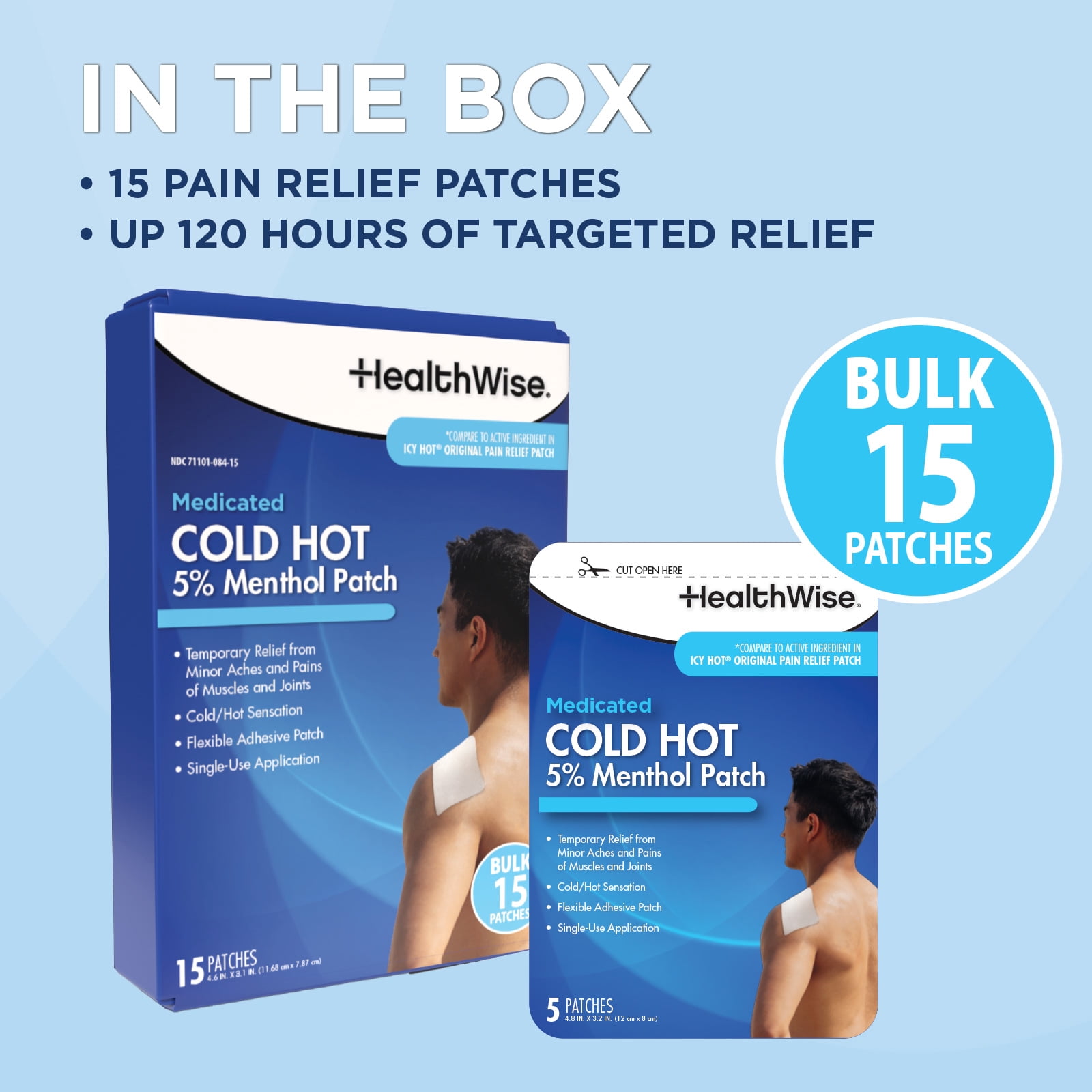 HealthWise Cold Hot Medicated Menthol Patch | 5% Menthol | Medium Size 4.8” x 3.2” | 15-Count | Paraben-free | Soothes Minor Aches and Pains | Focused Relief