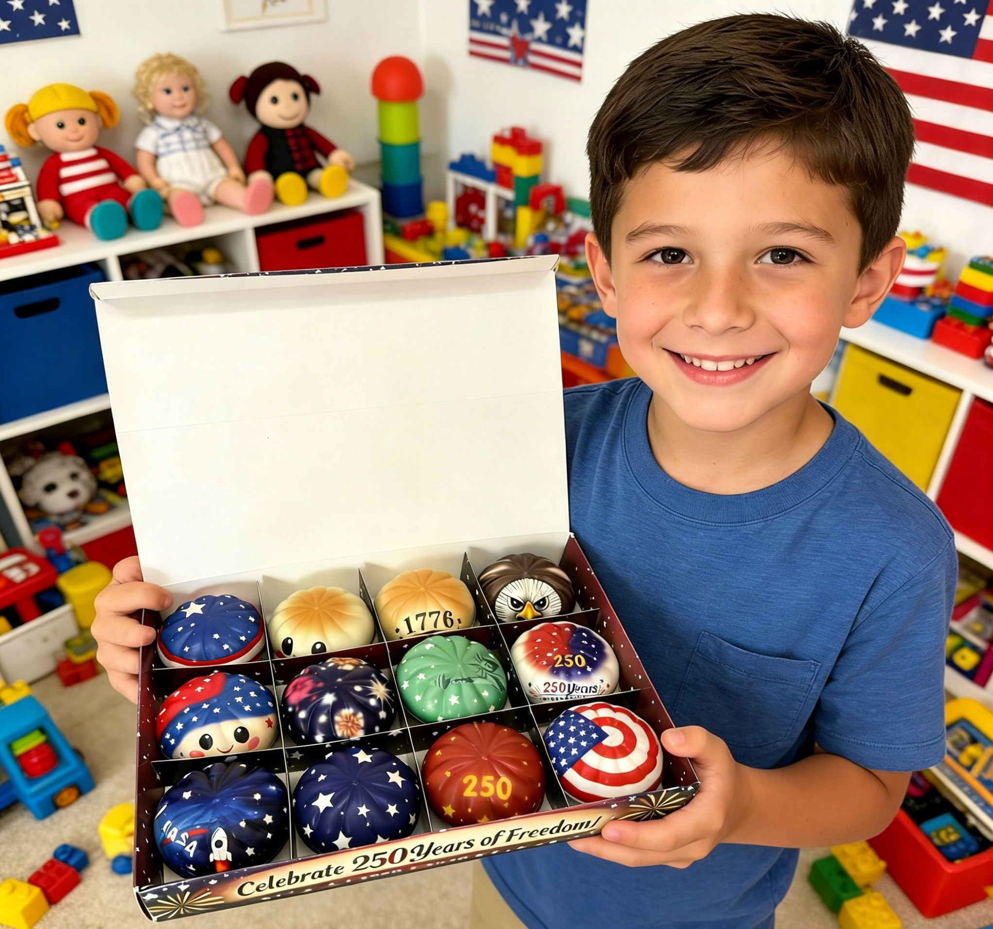 12 Pcs Liberty Dumplings 1776-2026 USA 250 Year Anniversary Dumpling Squishies, Squishy Fidget Fidget Toys for Anxiety Relief, 250 Anniversary USA Giant Glitter Dumplings Box for Adults (Muticolor)