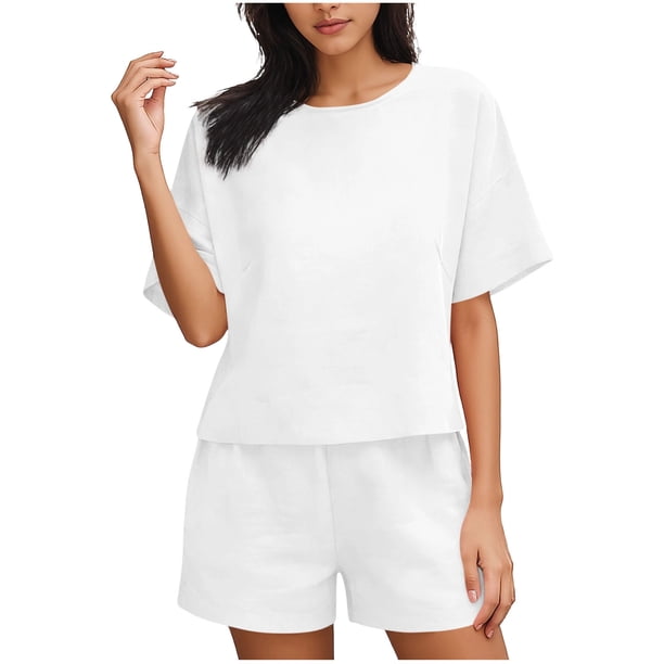 Conjunto Corto Casual para las Mujeres Manga Corta Bolsillo Pantalones Cortos Pantalones de Señoras Conjunto con Cuello Redondo Top, Ropa Casual de Verano