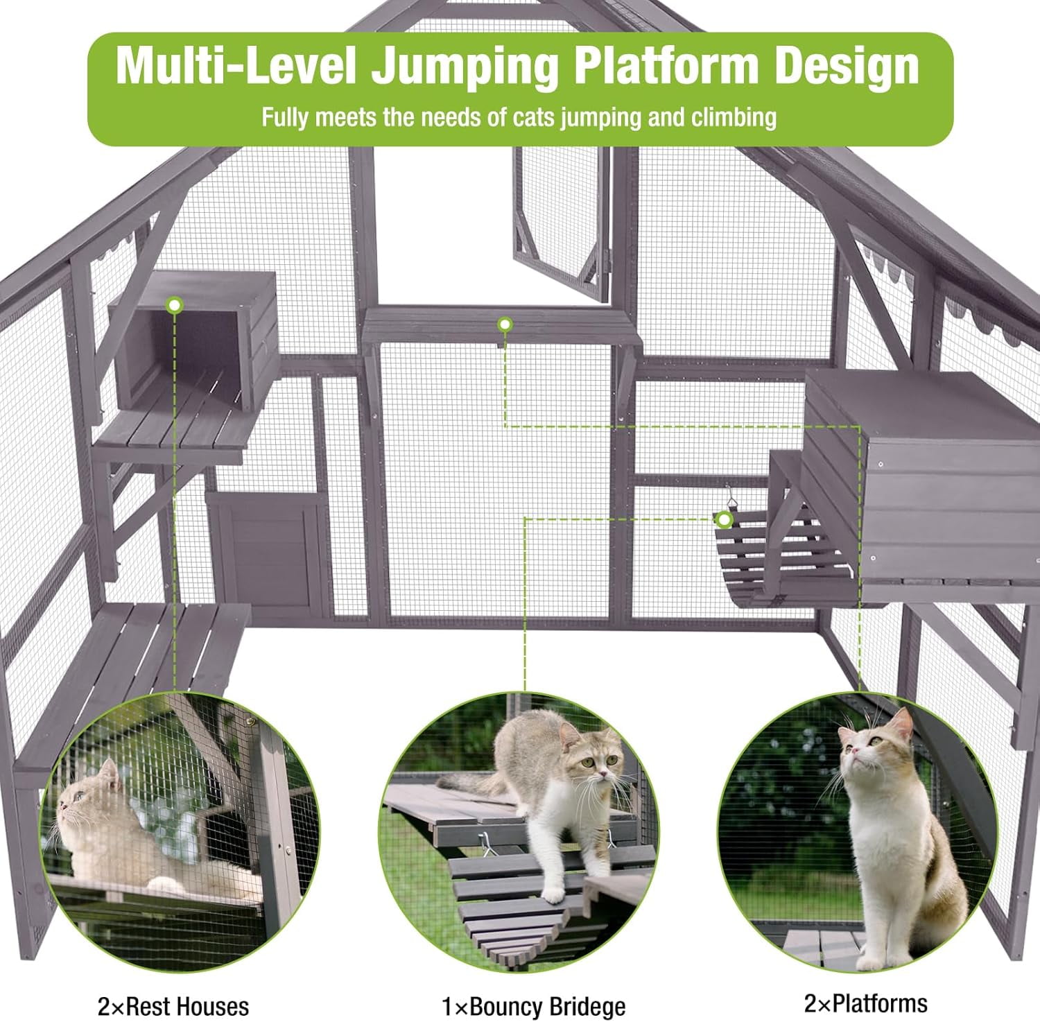 BUTINGLALE Catio Outdoor Cat Enclosures Wooden Cat House with Rest Houses, Platforms, Bridge, and Waterproof UV Cover - 55" D