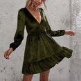 thumbnail image 2 of Vestido con cuello en V profundo Manga larga abullonada Dobladillo con volantes Cuello en V profundo Cintura alta Vestido de manga larga para fiesta de verano Vacaciones Verde oscuro L, 2 of 7
